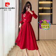 皮爾卡丹（pierre cardin）新中式旗袍洋氣少女酒紅色小禮服敬酒服新娘訂婚長(cháng)袖連衣裙兩件套 酒紅色原版套裝 S
