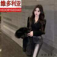 維多利亞的格調純欲風(fēng)性感蕾絲拼接長(cháng)袖T恤女秋冬新款修身顯瘦內搭打底衫上衣潮 黑色 M