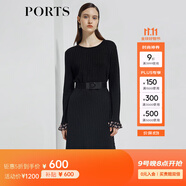 PORTS寶姿商場(chǎng)同款新品女裝喇叭袖撞色印花連衣裙LL8K201KXF002 黑色混色 M