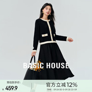 Basic House/百家好秋季撞色小香風(fēng)優(yōu)雅氣質(zhì)感上衣連衣裙兩件套 黑色 L
