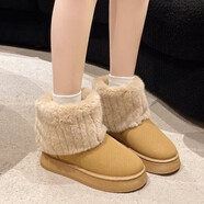 MORE BY BELLE百麗女冬新款加絨雪地靴厚底棉鞋2025毛毛短靴冰島褲管加厚東北棉 卡其色 36
