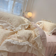 意·歐戀納羅萊仙女款荷葉邊棉加絨四件套a版雙層紗全棉b版牛奶絨花邊被套床 紗+絨 小碎花粉 床裙款 1.8m四件套