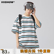 viishow日系潮牌條紋圓領(lǐng)短袖T恤男夏季寬松情侶百搭半袖tee 藍色 M