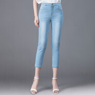 和順圣7號高腰鉛筆褲牛仔褲大碼彈力顯瘦中年媽媽女士七八分褲顯 淺藍色 34