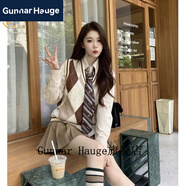 Gunnar Hauge套裝女春秋款顯瘦學(xué)院風(fēng)女裝套裝英倫風(fēng)英倫學(xué)院風(fēng)無(wú)袖撞色菱 馬甲+襯衫領(lǐng)帶+卡其百褶_三件 S