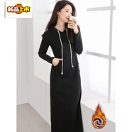 初徑秋冬季連帽連衣裙加絨加厚衛衣裙女2025新款韓版打底長(cháng)裙長(cháng)款裙子 黑色 普通款120-126CM M 連帽加絨