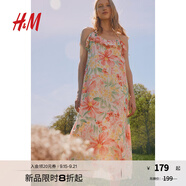 H&M女裝連衣裙秋季V領(lǐng)寬松印花吊帶度假風(fēng)褶邊中長裙連身裙1234153 粉色/花卉 170/116 XL