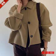 予瑾韓國chic秋冬新款復古翻領(lǐng)休閑寬松泡泡袖小個(gè)子毛呢短外套開(kāi)衫女 卡其色 S 建議80-95斤