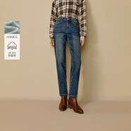 茵曼休閑抓毛九分鉛筆牛仔褲2025冬女裝新款水洗小腳褲 深牛仔藍 29
