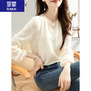 羅蒙（ROMON）T恤女裝春秋2024新款燈籠袖蕾絲打底衫法式百搭洋氣內搭長袖上衣 杏色 L