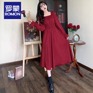 羅蒙（ROMON）法式紅色方領(lǐng)洋裝女春季新款大尺碼微胖mm收腰顯瘦赫本裙氣質(zhì)長(cháng)裙 酒紅色洋裝【收腰洋裝/高腰連身 M (80-100斤)