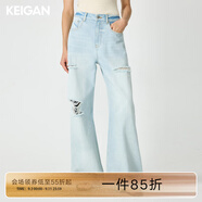 KEIGAN/開(kāi)間口碑歐洲進(jìn)口手工破洞不規則拉須雅痞直筒低腰牛仔褲 CE冰藍 XS 32