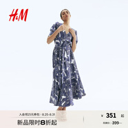 H&M女裝2025秋季新款印花斜紋布短袖泡泡袖V領(lǐng)喇叭形連身裙1297789 白色/藍色花卉 S 160/88