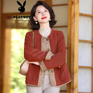 花花公子（PLAYBOY）2025韓版休閑新款中式早秋款小香風(fēng)外套中老年媽媽短外套 桔紅色 【官方正品】官方旗艦版 2XL 建議(110-125 斤)