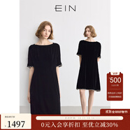 EIN言輕禮服高知感喬絨花邊拼接一字領(lǐng)落肩袖連衣裙2025夏新款 石墨黑 S