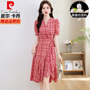 皮爾卡丹（pierre cardin）高檔夏季千鳥格設(shè)計連衣裙高級感小個子v領(lǐng)拼接高腰桑蠶絲仙女裙 紅色 L