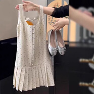 鷺枕（LUZHEN）夏季設計感收腰修身百褶背帶短裙子法式白色波點(diǎn)方 W279#米白色連衣裙 S