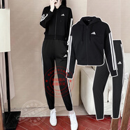 阿迪達(dá)斯 （adidas）女三條紋運(yùn)動(dòng)套裝 秋潮流時(shí)尚瑜伽跑步健身訓(xùn)練服透氣休閑衣褲 連帽夾克外套+長褲/黑色兩件套 XL