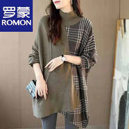 羅蒙（ROMON）時(shí)尚羊毛衫長(cháng)袖拼接中長(cháng)款寬松毛衣女春季新款韓版洋氣上衣蝙蝠袖 官方旗艦軍綠  2XL 建議130-140斤
