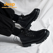吉普（JEEP）側拉鏈馬丁靴男高幫英倫風(fēng)真皮黑色工裝機車(chē)靴夏季增高中幫短靴子 黑色/旗艦官方店 37