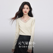 熙世界（sllsky）云柔磨毛針織T恤打底衫長(cháng)袖蕾絲花邊V領(lǐng)上衣2025秋冬新款 奶油杏 M