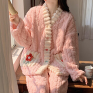依善屋舍珊瑚絨睡衣女加厚加絨秋冬季新款韓版冬天女士保暖開(kāi)衫家居服套裝 KMN6082 2XL 碼建議140-155斤