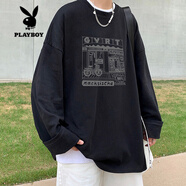 花花公子（PLAYBOY）春秋加肥加大碼胖子衛(wèi)衣男寬松長袖T恤300斤青少年打底衫秋衣潮胖 C44黑色 S