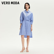 VEROMODAVero Moda奧萊洋裝2025夏季新款翻領(lǐng)系帶撞色V字拼接裙子時(shí)尚 英莊藍色 XS