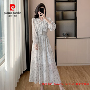 皮爾卡丹（pierre cardin）韓國chic蝴蝶結(jié)印花長裙2025新款法式甜美V領(lǐng)木耳邊泡泡袖連衣裙 圖片色 S