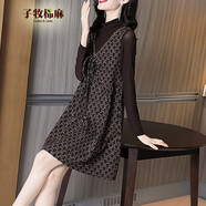 子牧棉麻春秋 女氣質(zhì)別致寬松長(cháng)袖格子假兩件連衣裙女5681 咖啡色 3XL(建議140-150斤)