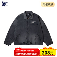 冊裁（CECAI）春秋Cleanfit手工磨破翻領工裝夾克男潮流重工水洗漸變底特律外套 深灰色 M