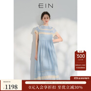EIN【輕禮服】EIN言小黑裙中長(cháng)款絲棉短袖蕾絲連衣裙女2024夏季新款 淺藍 S