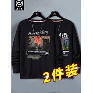 男生棉t恤2025新款美式休閑內(nèi)搭秋季薄款大碼寬松長(zhǎng)袖秋衣打底 黑衣(五星中國(guó)夢(mèng)胸標(biāo))+淺米衣(未知主宰) M _適合95-115斤