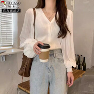 啄木鳥(niǎo)v領(lǐng)長(cháng)袖針織衫女春秋薄款百搭上衣開(kāi)衫外搭燈籠袖毛衣短外套秋冬 白色(版) 均碼 高彈力 70-130斤