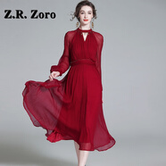 Z.R.Zoro奢侈品真絲連衣裙女2025秋季新款收腰顯瘦氣質(zhì)裙桑蠶絲法式度假裙 紅色 XL