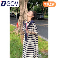 DGOV棉質(zhì)條紋長裙慵懶風(fēng)長款T恤裙女夏寬松遮肉休閑顯瘦短袖連衣裙女 條紋裙 單件 S 建議90-120斤左右