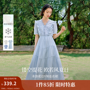 茵曼（INMAN）萊賽爾鏤空蕾絲V領(lǐng)連衣裙2025夏季女裝新品木耳邊短袖裙子 迷霧藍 S