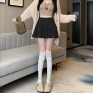 vnxifm米白色毛呢半身裙百褶裙女秋冬款高腰顯瘦松緊腰蓬蓬呢子a字短裙 黑色 S