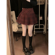 MODX大碼紅色格子毛呢百褶裙半身裙女秋冬設(shè)計(jì)感減齡時(shí)尚高腰字短裙 紅色格紋 S