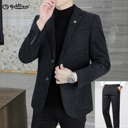 Goldlion男士小西裝外套男休閑春秋季商務(wù)西裝中年爸爸套裝 6111-1號色黑灰加棉+彈力西褲 加厚 L 175(110-130)斤左右
