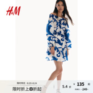 H&M女士花卉連衣裙秋季一字領(lǐng)露肩燈籠袖長(zhǎng)袖寬松連身裙1238328 白色/藍(lán)色圖案 155/80 XS