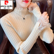 皮爾卡丹蕾絲半高領(lǐng)毛衣打底衫女2025新款秋冬皮草內搭修身長(cháng)袖針織衫上衣 杏色升級版 均碼 80-140斤可穿