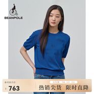 beanpole濱波  春夏新款女士BP鏤空組織圓領(lǐng)短袖套頭針織衫 藍(lán)色 M 165/88A