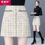 恒源祥2025新款韓版小香風(fēng)毛呢短裙女秋冬高腰顯瘦包臀a字裙格子半身裙 米白色 S 建議75-90斤