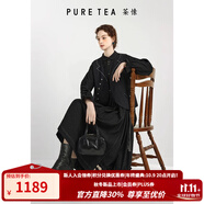 茶·愫（PURE TEA）【植絨工藝】puretea茶愫提花波點(diǎn)連衣裙女娃娃領(lǐng)木耳邊秋季新款 石墨黑 S