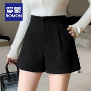羅蒙（ROMON）冬季氣質(zhì)毛呢短褲女褲高腰寬松顯瘦a字靴褲小個(gè)子外穿呢子闊腿褲 黑色 2XL 120--130斤
