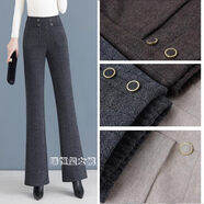 俞兆林（YUZHAOLIN）毛呢喇叭褲女2025秋冬新款高腰垂感顯瘦遮肉休閑加絨加厚闊腿褲女 紐扣毛呢闊腿褲灰色 薄款 L 建議100-113斤