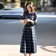 熙世界（sllsky）淡人高知小香風(fēng)花邊圓領(lǐng)復古磨毛格子連衣裙2025秋冬新款 寶藍格 XL