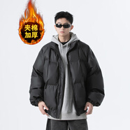 OEMG  美式咖色夾棉加厚皮衣外套男士秋冬季飛行夾克潮牌寬松棒球服 M2509黑色 【棉服款】 L [建議100-110斤]