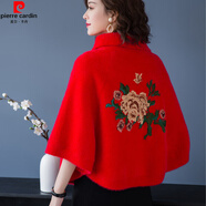皮爾卡丹（pierre cardin）中國風(fēng)刺繡披肩毛衣女外搭秋冬新款水貂絨針織外套斗篷女開(kāi)衫外穿 紅色 XL
